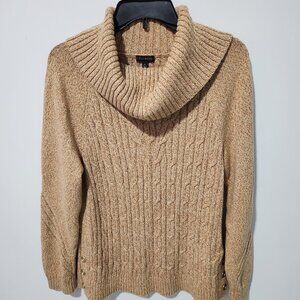 Talbots Cowl Neck Knit Long Sleeve Pullover Sweater Tan White Caramel Medium